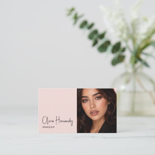 Blush Pink Black Script Photo Makeup Business Card 名刺 (スタンド正面)