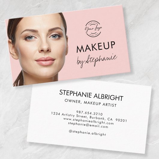 Blush Pink Black Script Photo Makeup Business Card 名刺
