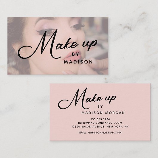 Blush Pink Black Script Photo Makeup Business Card 名刺