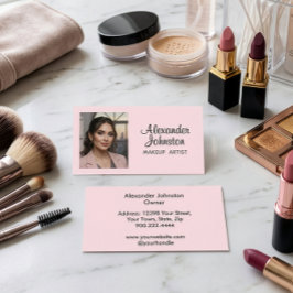 Blush Pink Black Script Photo Makeup Business Card 名刺