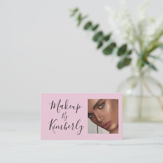 Blush Pink Black Script Photo Makeup Business Card 名刺 (スタンド正面)