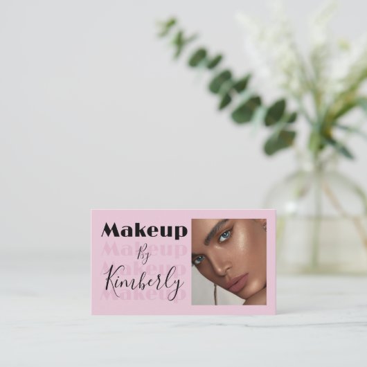 Blush Pink Black Script Photo Makeup Business Card 名刺 (スタンド正面)