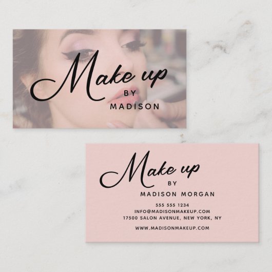 Blush Pink Black Script Photo Makeup Business Card 名刺 (正面/裏面)