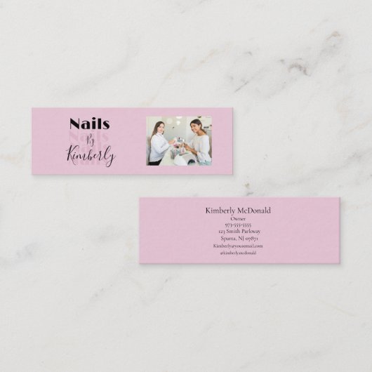 Blush Pink Black Script Photo Nail Salon スキニー名刺 (正面/裏面)