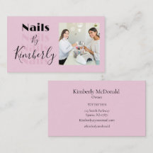 Blush Pink Black Script Photo Nails Business Card
