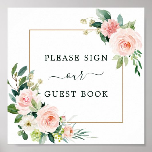 Blush Pink Bloom Wedding Guest Book Square Poster ポスター (正面)