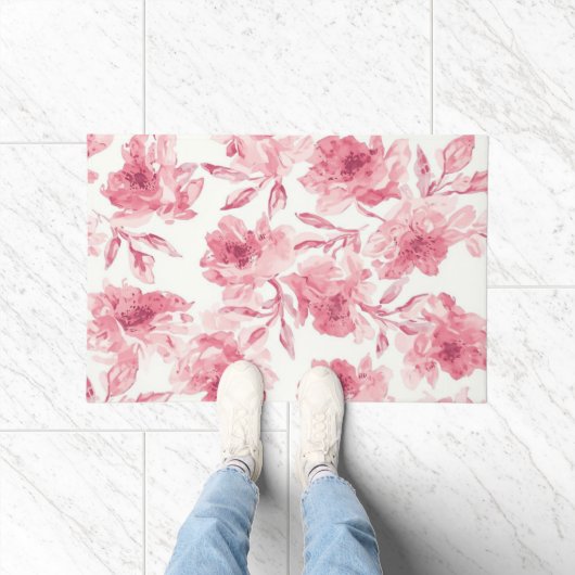 Blush Pink Blossoms Watercolor Painted Airy Floral ドアマット (室内)