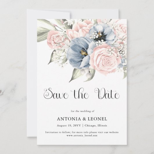 Blush Pink Blue Floral Wedding Save the date セーブザデート (正面)
