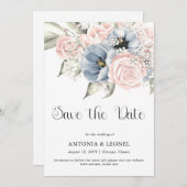 Blush Pink Blue Floral Wedding Save the date セーブザデート (正面/裏面)