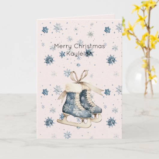 Blush Pink Blue Snowflakes Ice Skates Christmas カード (黄色い花)
