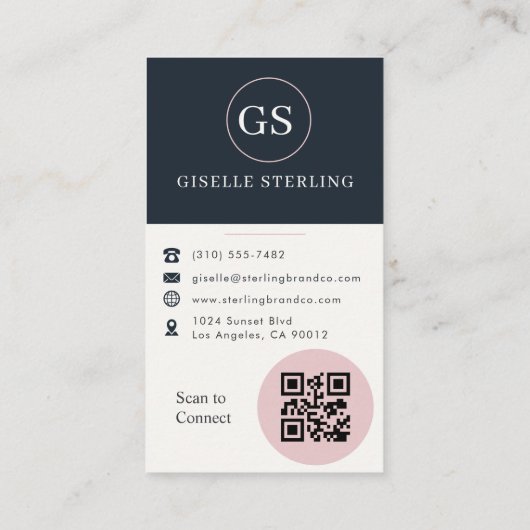 Blush Pink Blush & Navy Blue Photo QR Code 名刺 (裏面)