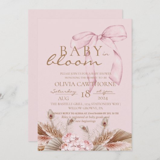 Blush Pink Boho Baby in bloom Baby Shower  招待状 (正面/裏面)