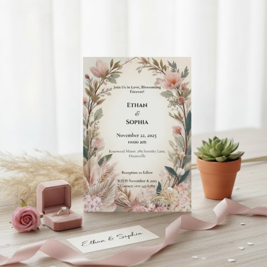 Blush Pink Boho Floral Wedding Invite 招待状