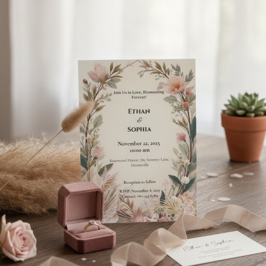 Blush Pink Boho Floral Wedding Invite 招待状