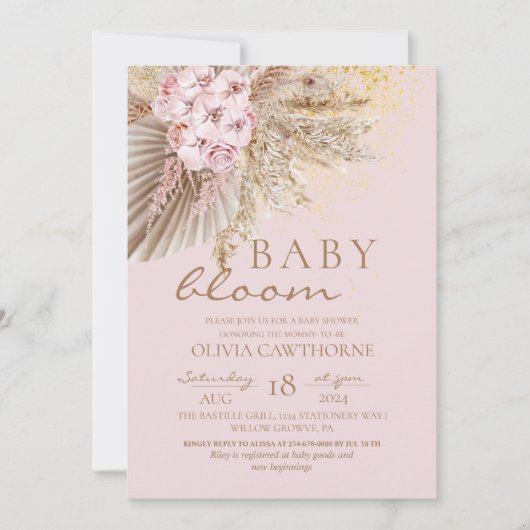 Blush Pink Boho Flowers Baby Girl Shower  招待状 (正面)