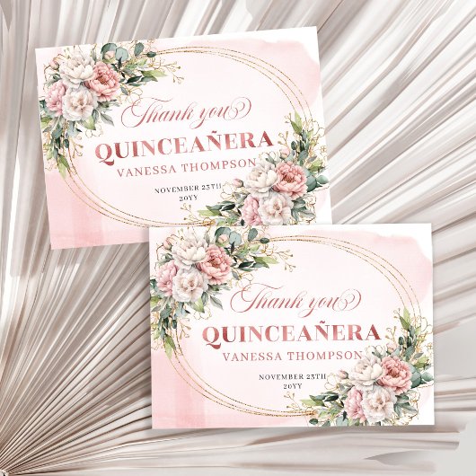 Blush Pink Boho Greenery Floral Quinceañera Thanks サンキューカード