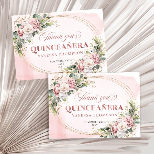 Blush Pink Boho Rose Gold Floral Quince Favor Card サンキューカード