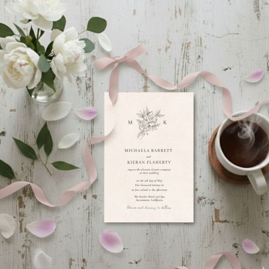 Blush Pink Botanical Monogram Wedding Invitation 招待状