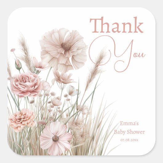 Blush Pink Botanical Wedding & Baby Shower スクエアシール (正面)