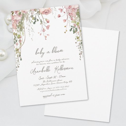 Blush Pink Botanical Wildflower Baby Shower 招待状