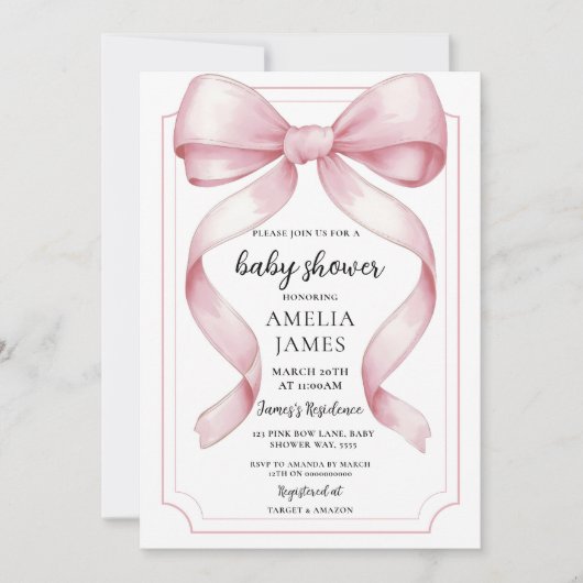 Blush Pink Bow Baby Shower Invitation Editable Ele 招待状 (正面)