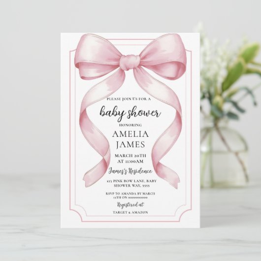 Blush Pink Bow Baby Shower Invitation Editable Ele 招待状 (スタンド正面)