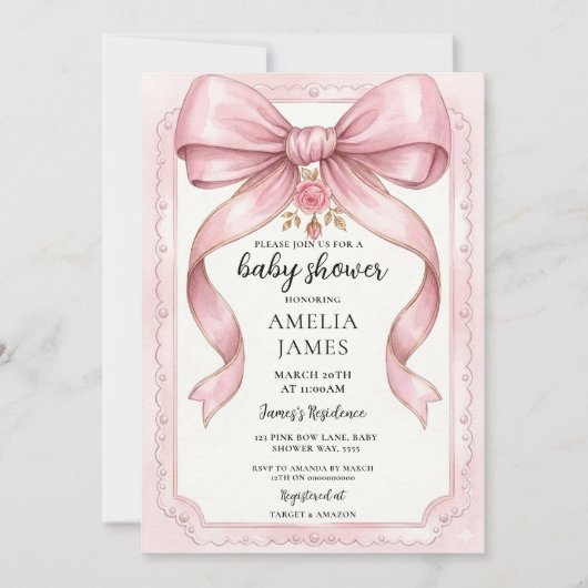 Blush Pink Bow Baby Shower Invitation Editable Ele 招待状 (正面)