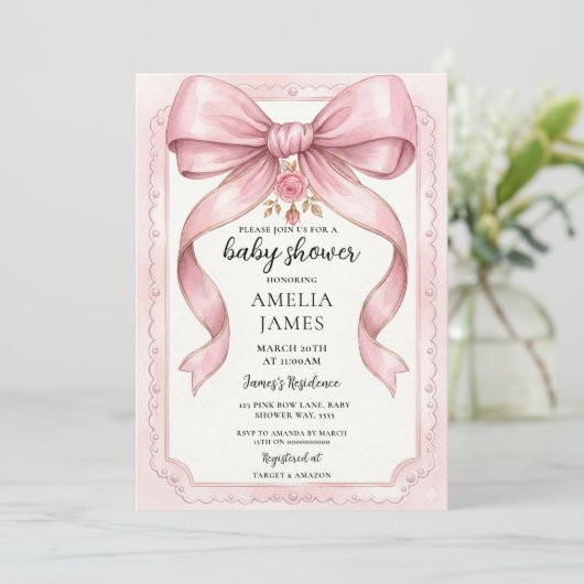 Blush Pink Bow Baby Shower Invitation Editable Ele 招待状 (スタンド正面)