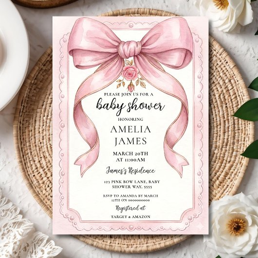 Blush Pink Bow Baby Shower Invitation Editable Ele 招待状