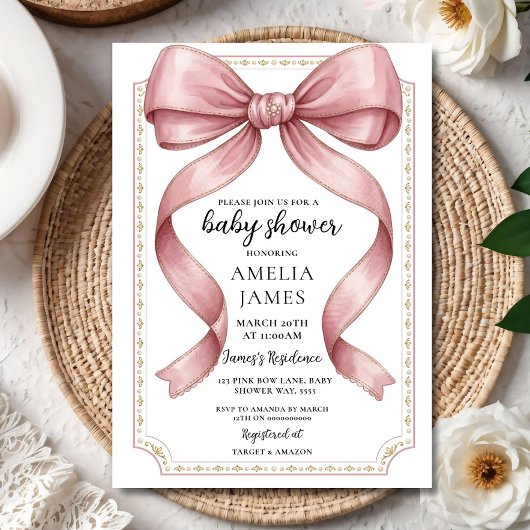 Blush Pink Bow Baby Shower Invitation Editable Ele 招待状