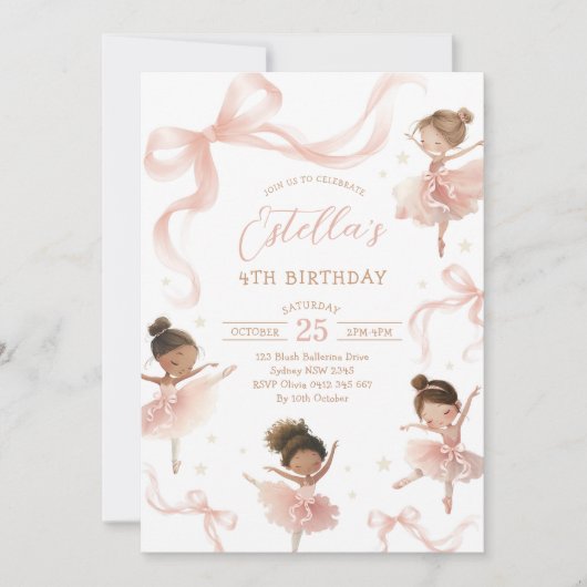 Blush Pink Bow Ballerina Birthday 招待状 (正面)