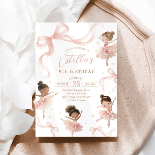 Blush Pink Bow Ballerina Birthday 招待状