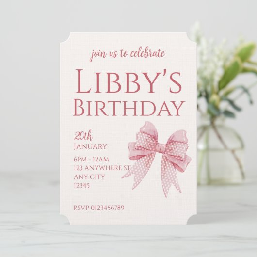 Blush Pink Bow Birthday  招待状 (スタンド正面)