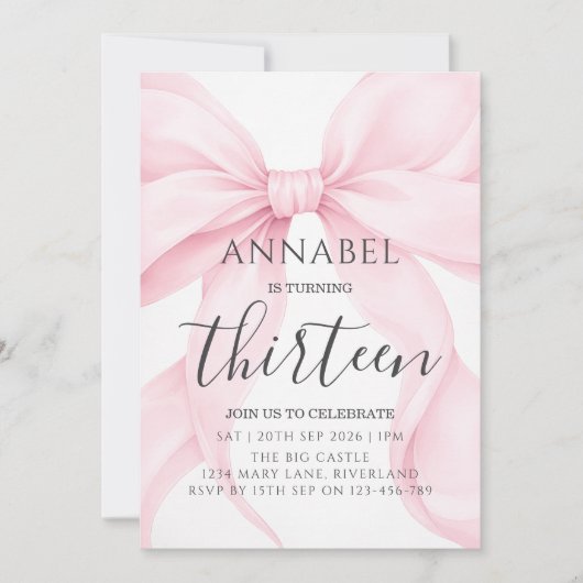 Blush Pink Bow Birthday Invitation 招待状 (正面)
