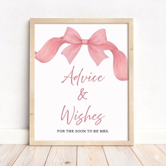 Blush Pink Bow Bridal Shower Advice & Wishes Sign ポスター