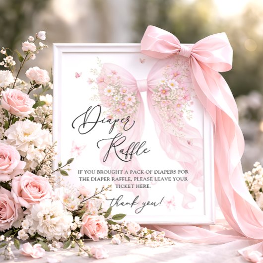 Blush Pink Bow Butterfly Baby Shower Diaper Raffle ポスター