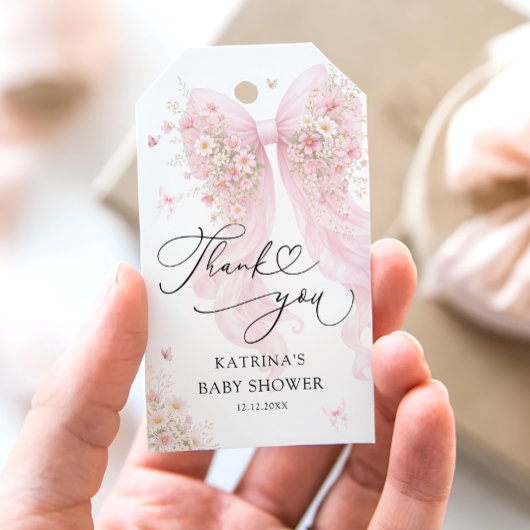 Blush Pink Bow Butterfly Baby Shower Thank You ギフトタグ