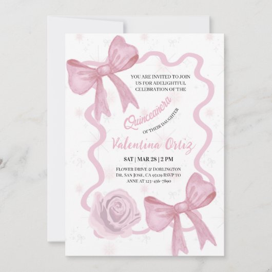 Blush Pink Bow coquette floral Quinceanera 招待状 (正面)