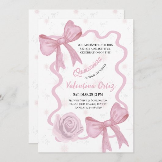 Blush Pink Bow coquette floral Quinceanera 招待状 (正面/裏面)