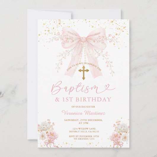 Blush Pink Bow Coquette Girl Baptism and Birthday 招待状 (正面)