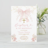 Blush Pink Bow Coquette Girl Baptism and Birthday 招待状 (スタンド正面)