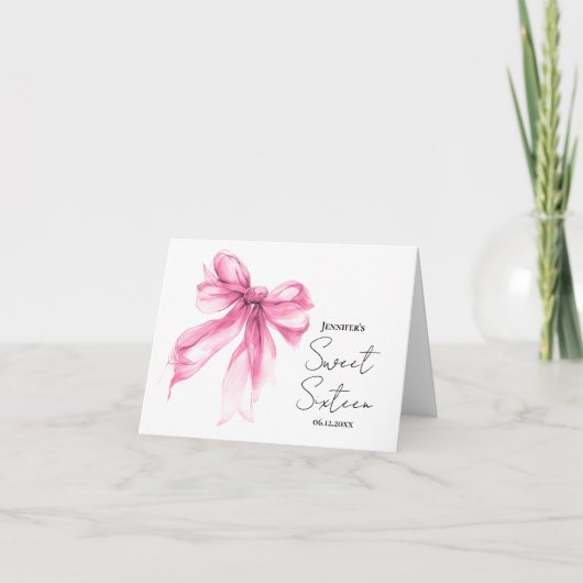 Blush Pink Bow Coquette Script Sweet 16 Thank You  サンキューカード (正面)