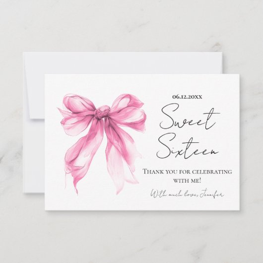 Blush Pink Bow Coquette Script Sweet 16 Thank You  サンキューカード (正面)