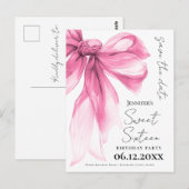Blush Pink Bow Coquette Sweet 16 Save the Date  ポストカード (正面/裏面)