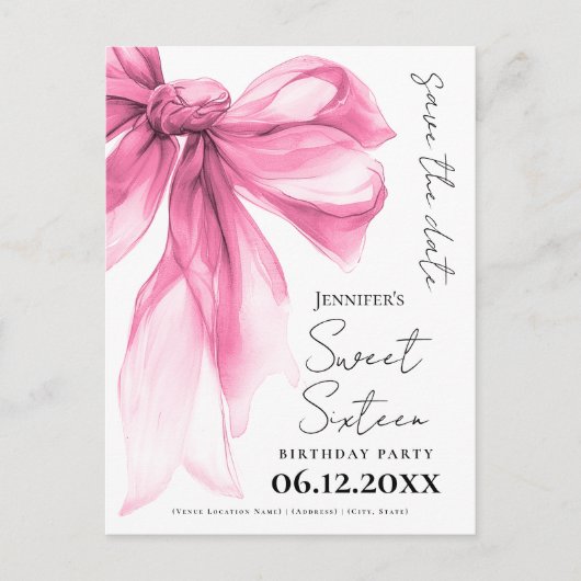 Blush Pink Bow Coquette Sweet 16 Save the Date  ポストカード (正面)