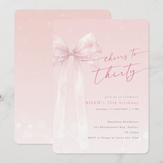 Blush Pink Bow Coquette Winter Girls 30th Birthday 招待状 (正面/裏面)