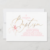 Blush Pink Bow Elegant Minimalist Girl Baptism 招待状 (正面)