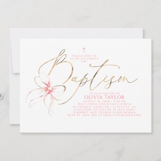 Blush Pink Bow Elegant Minimalist Girl Baptism 招待状 (正面)