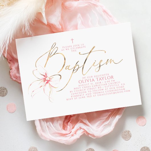 Blush Pink Bow Elegant Minimalist Girl Baptism 招待状