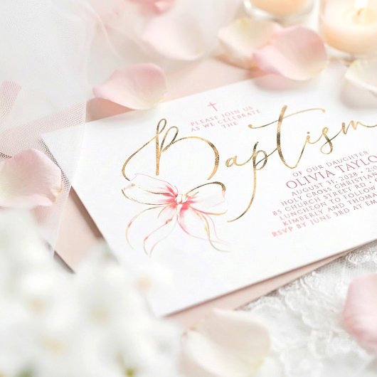 Blush Pink Bow Elegant Minimalist Girl Baptism 招待状